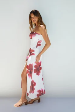 Amara Bloom Strapless Midi Dress Red