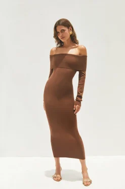 Angels Sing Off Shoulder Knit Maxi Dress Chocolate