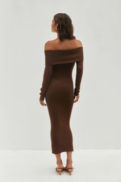 Angels Sing Off Shoulder Knit Maxi Dress Chocolate