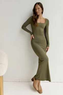 BASE Embrace Shape Long Sleeve Maxi Dress Army