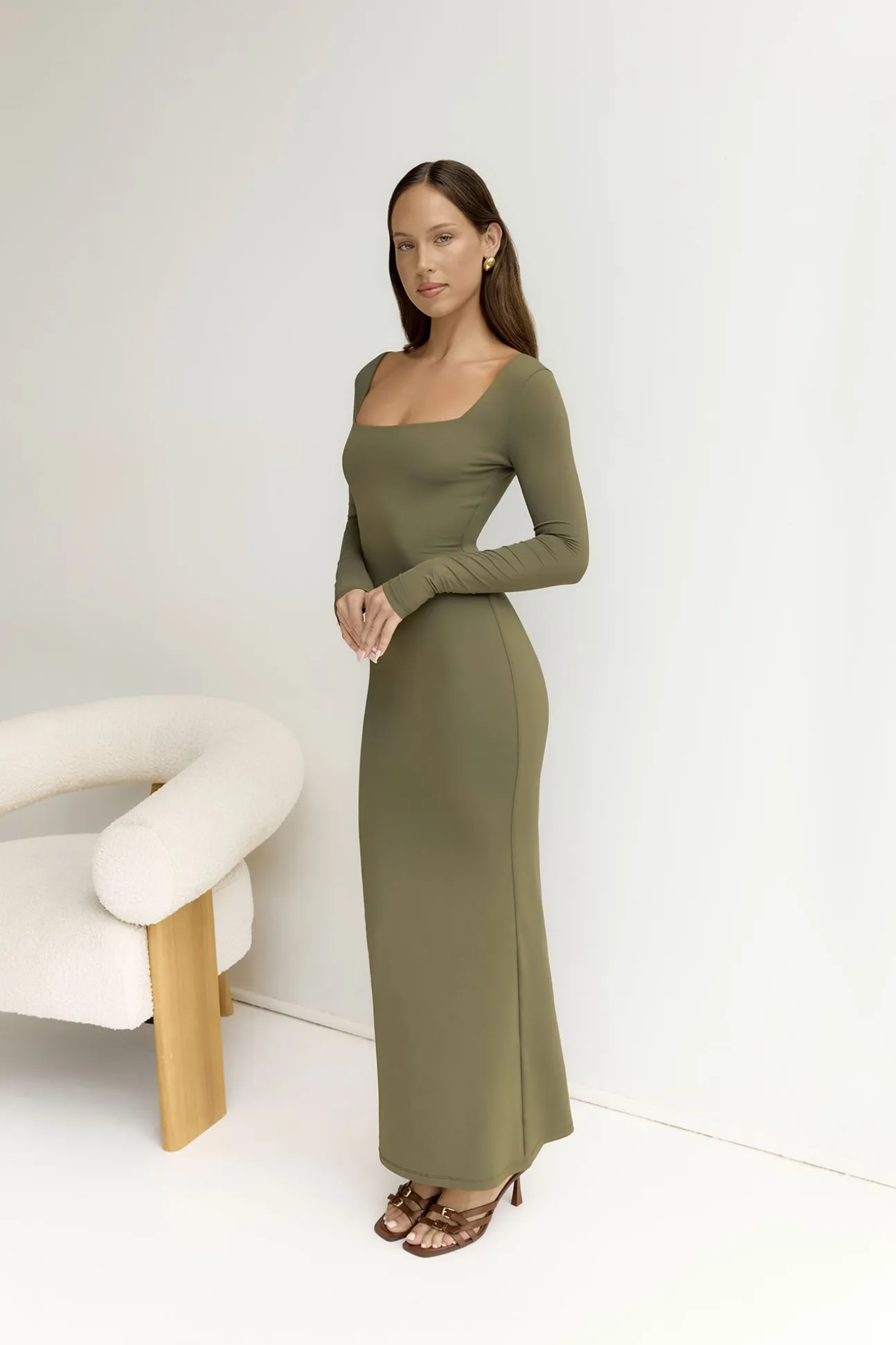 BASE Embrace Shape Long Sleeve Maxi Dress Army