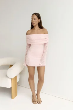Beloved Dreams Off Shoulder Long Sleeve Mini Dress Pink