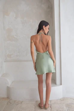 Beyond The Valley Satin Halter Mini Dress Sage