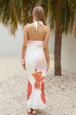 Cabana Blooms Mesh Halter Maxi Dress White