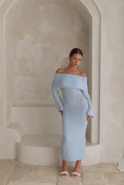 Cabana Crush Off Shoulder Knit Midi Dress Blue