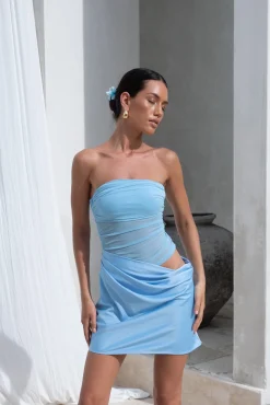 Call Me Darling Strapless Mesh Mini Dress Blue