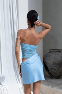 Call Me Darling Strapless Mesh Mini Dress Blue