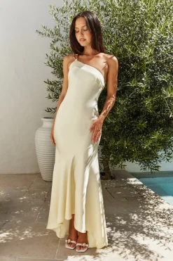 Champagne Chat One Shoulder Maxi Dress Yellow