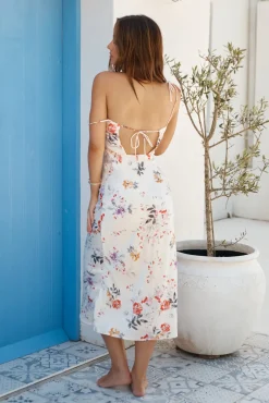 Delicate Bloom Satin Midi Dress White