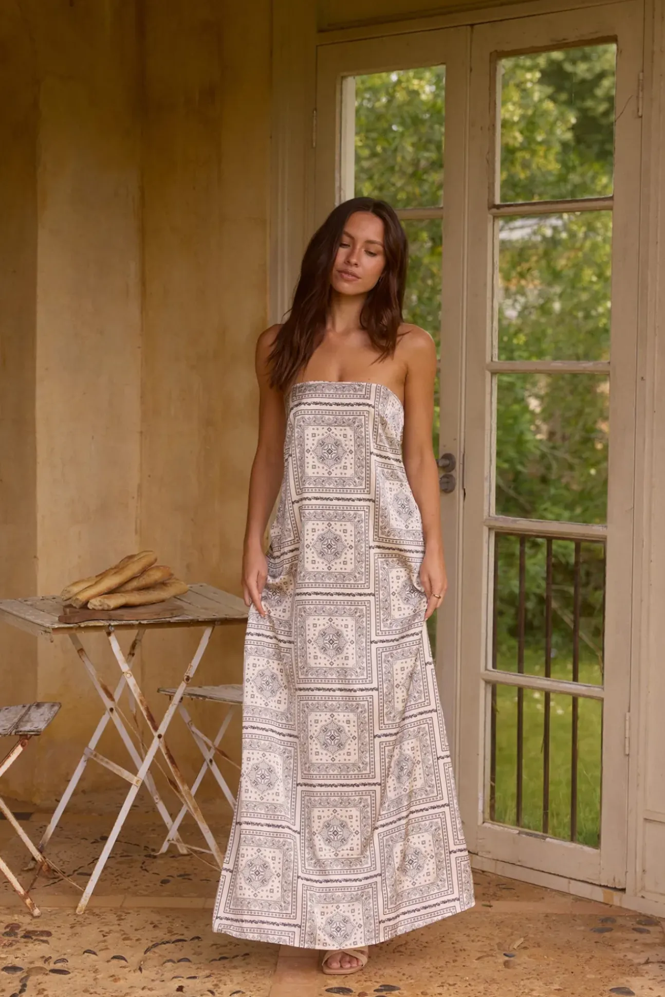 Exotic Nights Strapless Satin Maxi Dress Beige