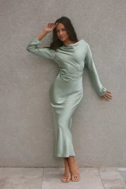 Forget Me Not Satin Maxi Dress Sage