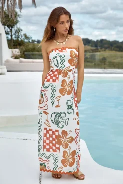 Hawaiian Retreat Strapless Maxi Dress Orange