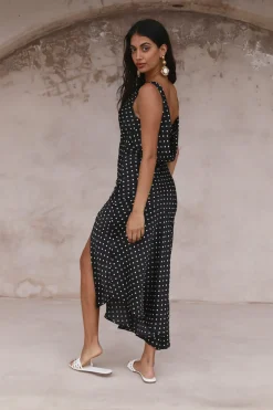 HELLO MOLLY Dotted Moment Satin Polka Dot Midi Dress Black