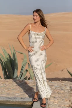HELLO MOLLY Dotted Moment Satin Polka Dot Midi Dress Cream