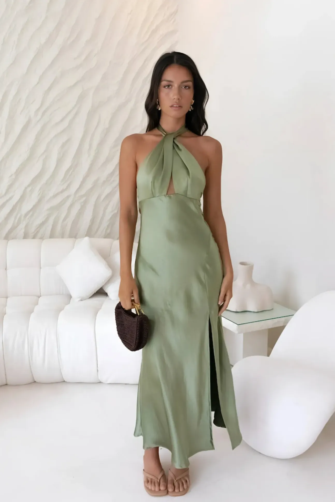In My Feelings Satin Maxi Dress Olive