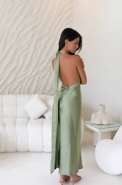 In My Feelings Satin Maxi Dress Olive