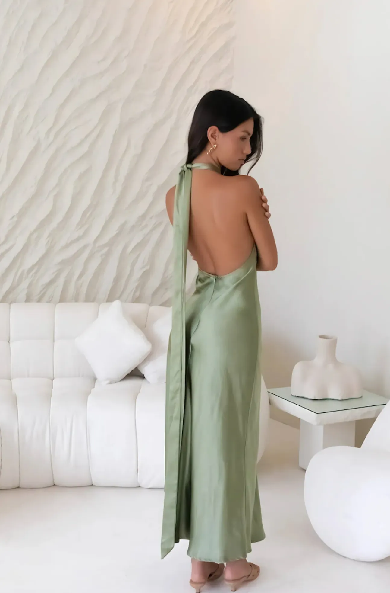 In My Feelings Satin Maxi Dress Olive