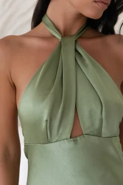 In My Feelings Satin Maxi Dress Olive