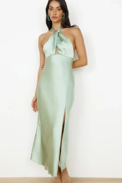 In My Feelings Satin Maxi Dress Sage