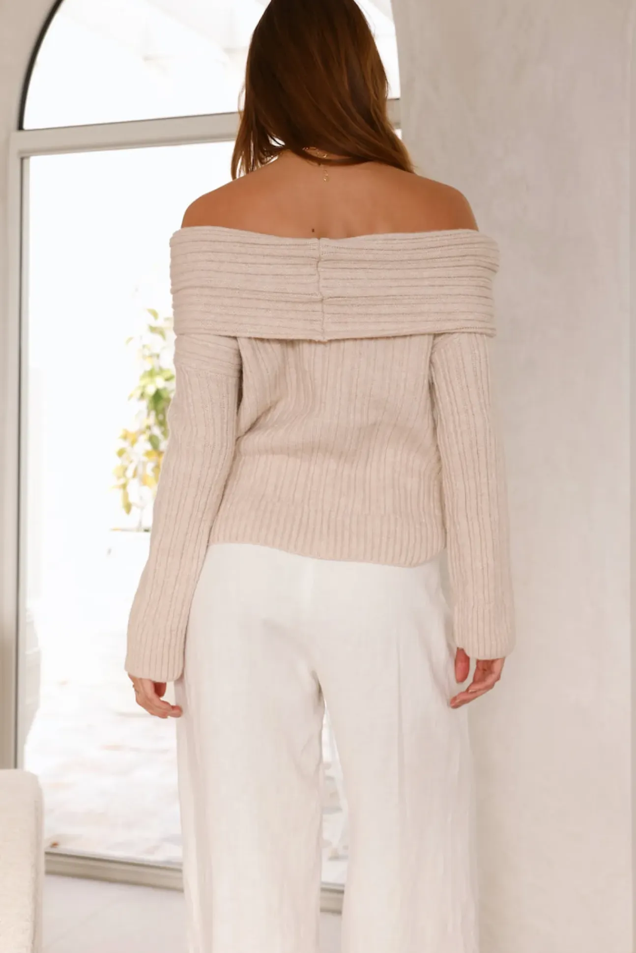 Kadija Off Shoulder Knit Top Beige