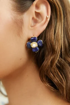 18K Gold Plated Blue Beauty Flower Earrings Gold