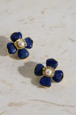 18K Gold Plated Blue Beauty Flower Earrings Gold