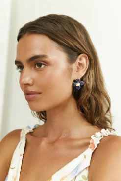 18K Gold Plated Blue Beauty Flower Earrings Gold