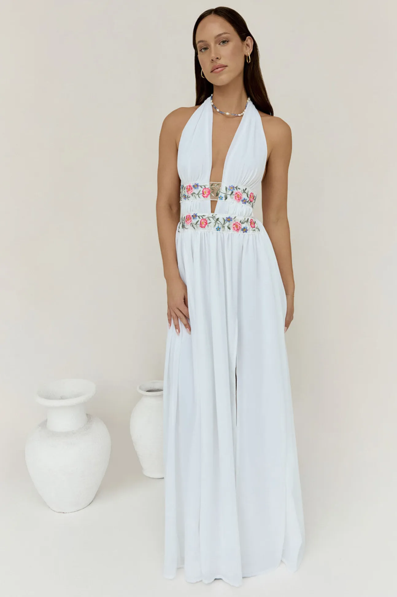 Maldives Garden Halter Maxi Dress White