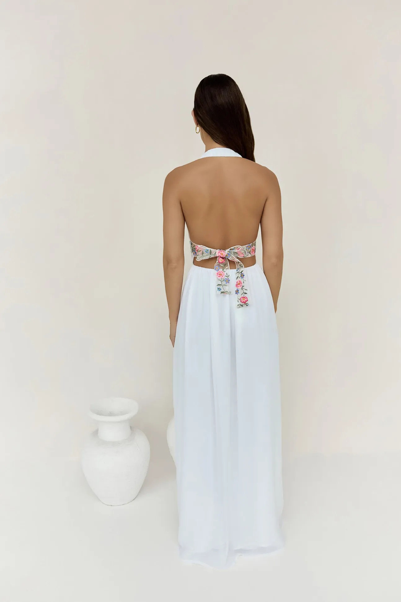 Maldives Garden Halter Maxi Dress White