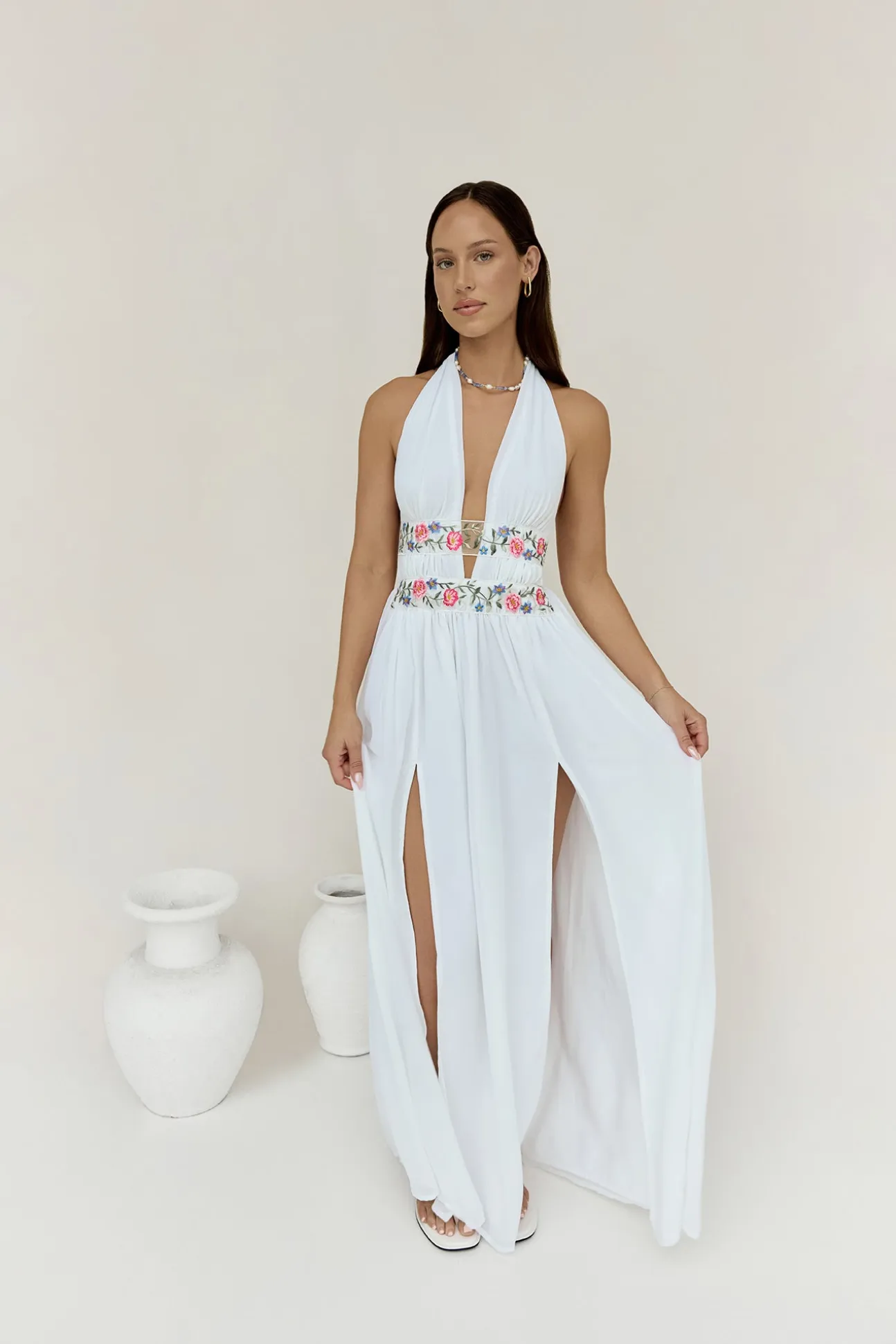 Maldives Garden Halter Maxi Dress White