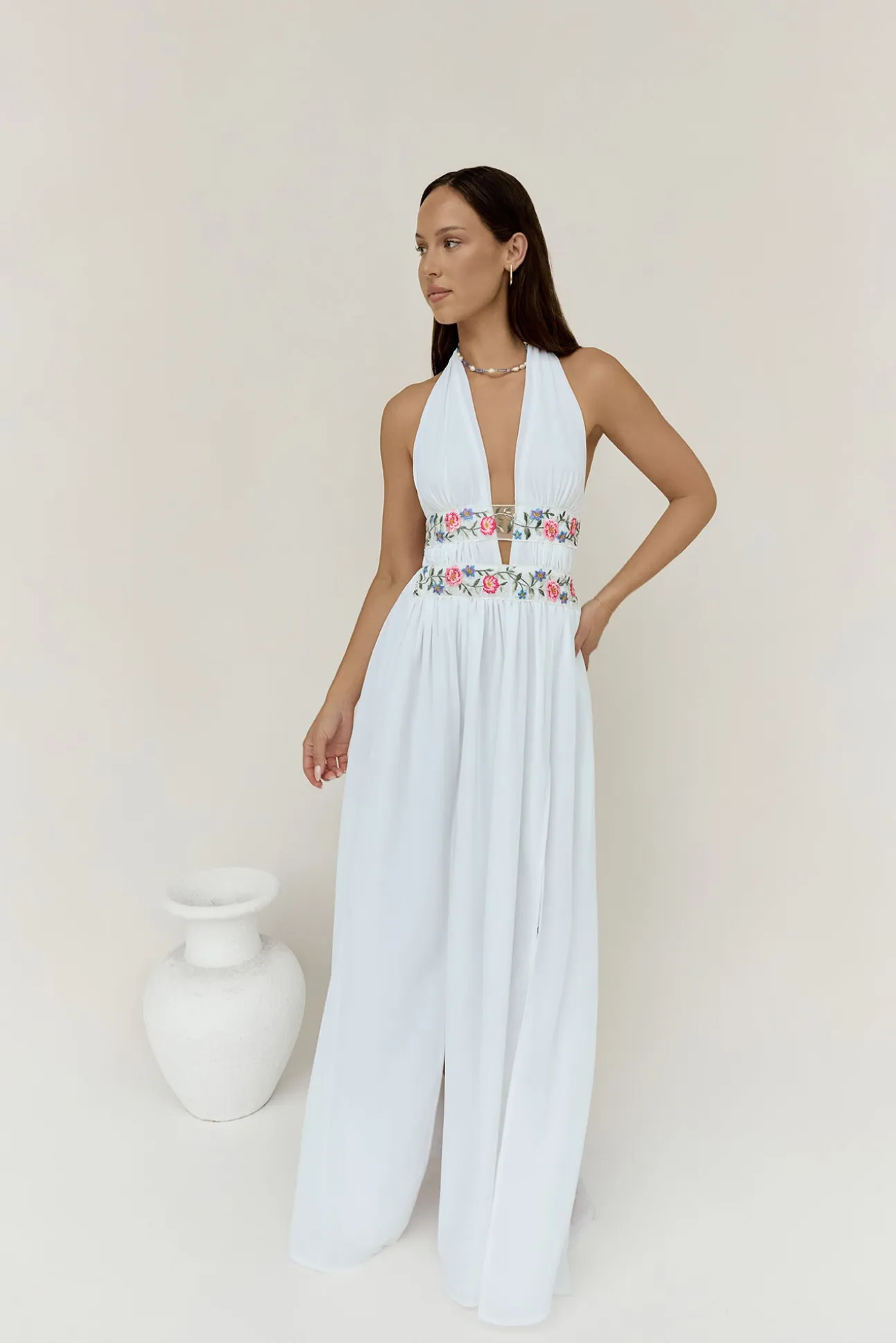 Maldives Garden Halter Maxi Dress White