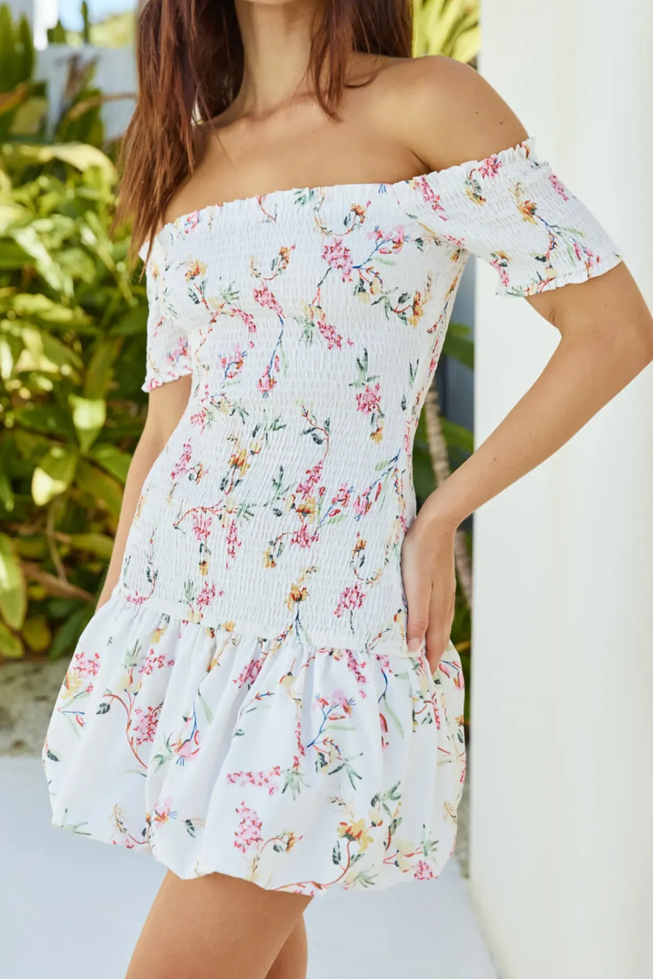Mimi Off Shoulder Mini Dress Beige