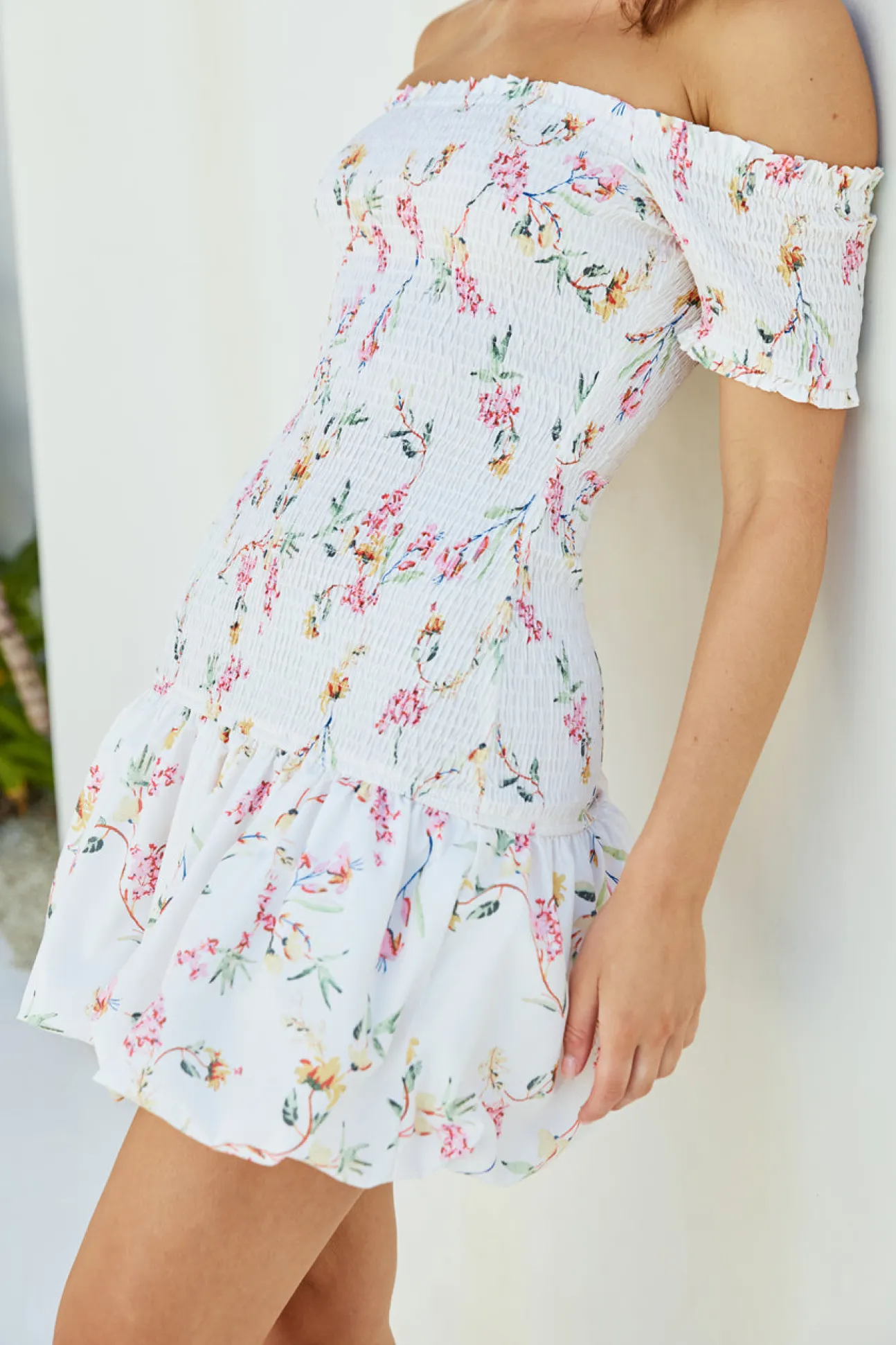 Mimi Off Shoulder Mini Dress Beige