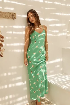 Mood For Martini Satin Maxi Dress Green
