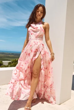 Palm Tree Island Halter Maxi Dress Pink