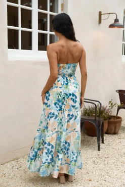 Rainforest Oasis Strapless Maxi Dress Blue