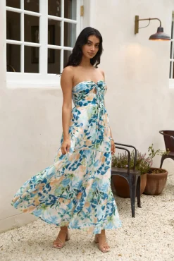 Rainforest Oasis Strapless Maxi Dress Blue