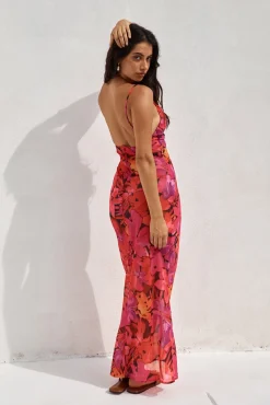 RUNAWAY THE LABEL Bad Romance Sheer Maxi Dress Pink Floral