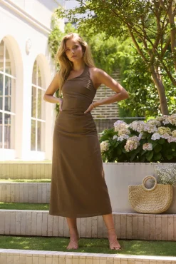 Scarlet Hues Halter Maxi Dress Chocolate
