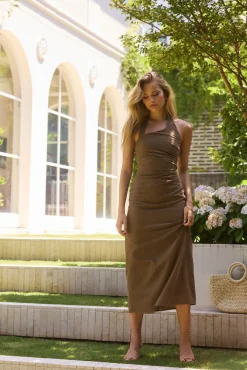 Scarlet Hues Halter Maxi Dress Chocolate