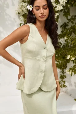 Seaside Haven Linen Vest Top Green