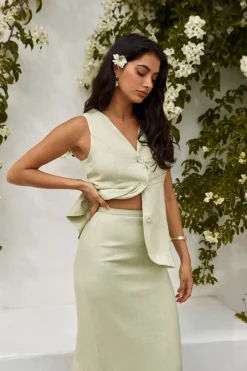 Seaside Haven Linen Vest Top Green