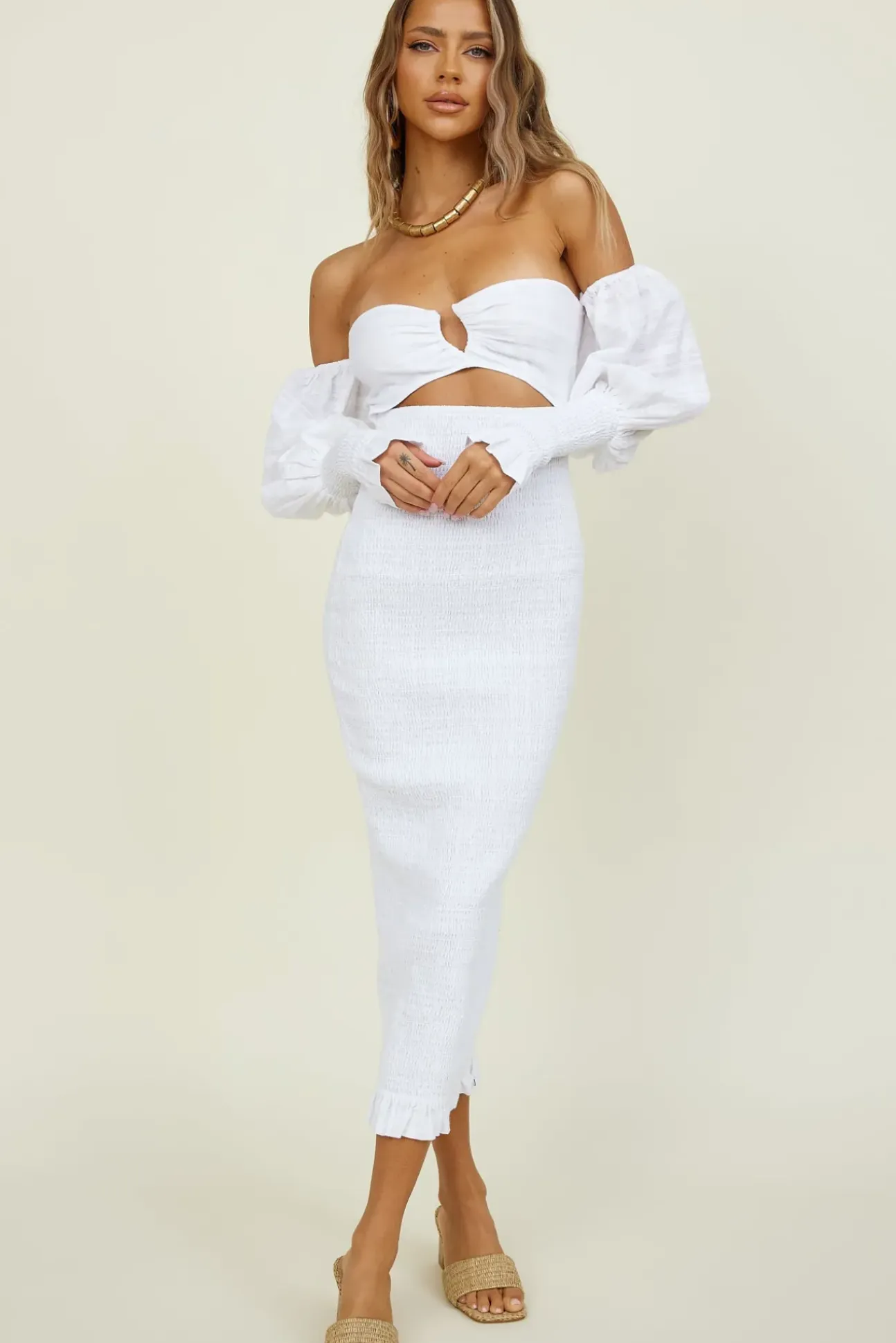 SEVEN WONDERS Luciano Shirred Midi Dress White