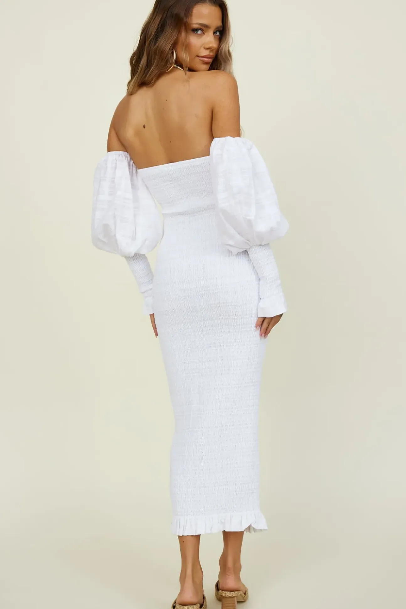 SEVEN WONDERS Luciano Shirred Midi Dress White