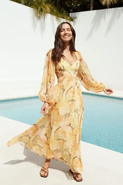 Starlight Blooms Long Sleeve Maxi Dress Yellow
