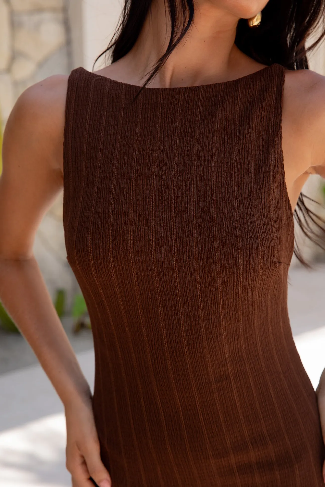 Subtle Sculpt Ribbed Midi Dress Chocolate