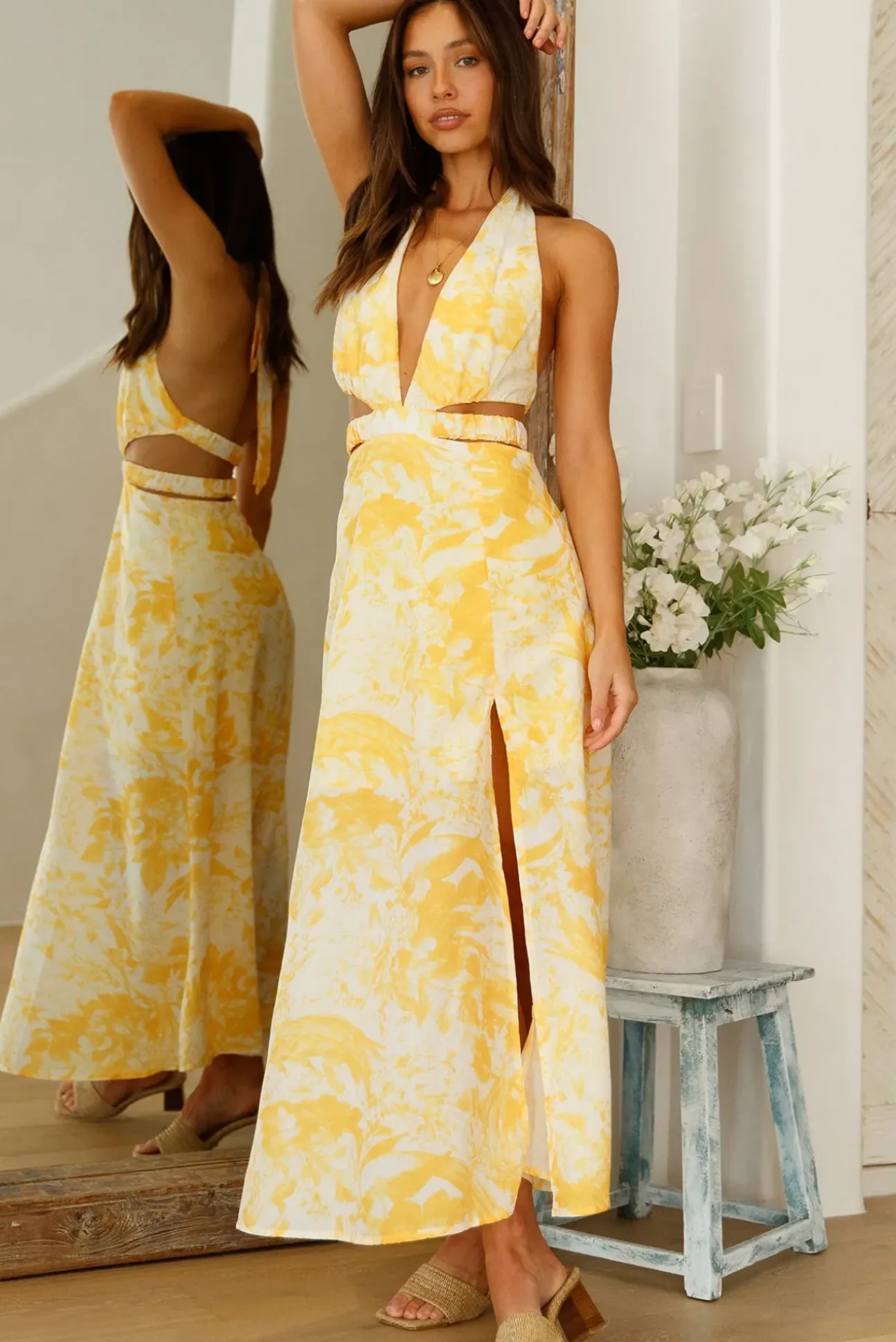 Sunlit Reflections Halter Maxi Dress Yellow