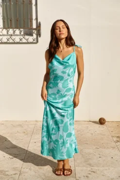 Sweet Autumn Leaves Satin Halter Maxi Dress Sage
