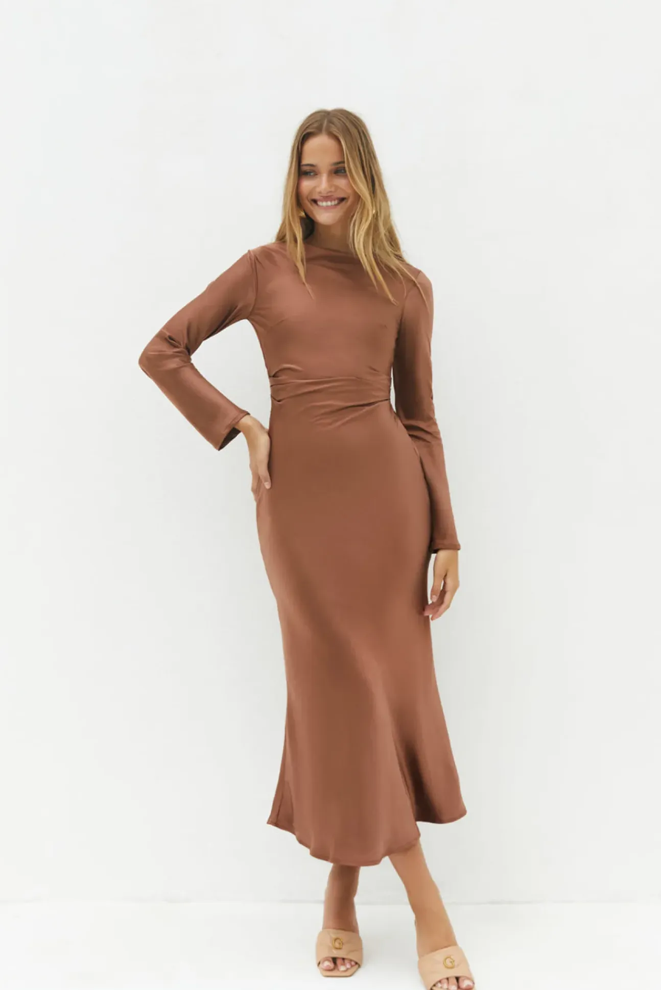 The Forget Me Not Satin Maxi Dress Brown