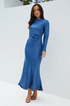The Forget Me Not Satin Midi Dress Navy